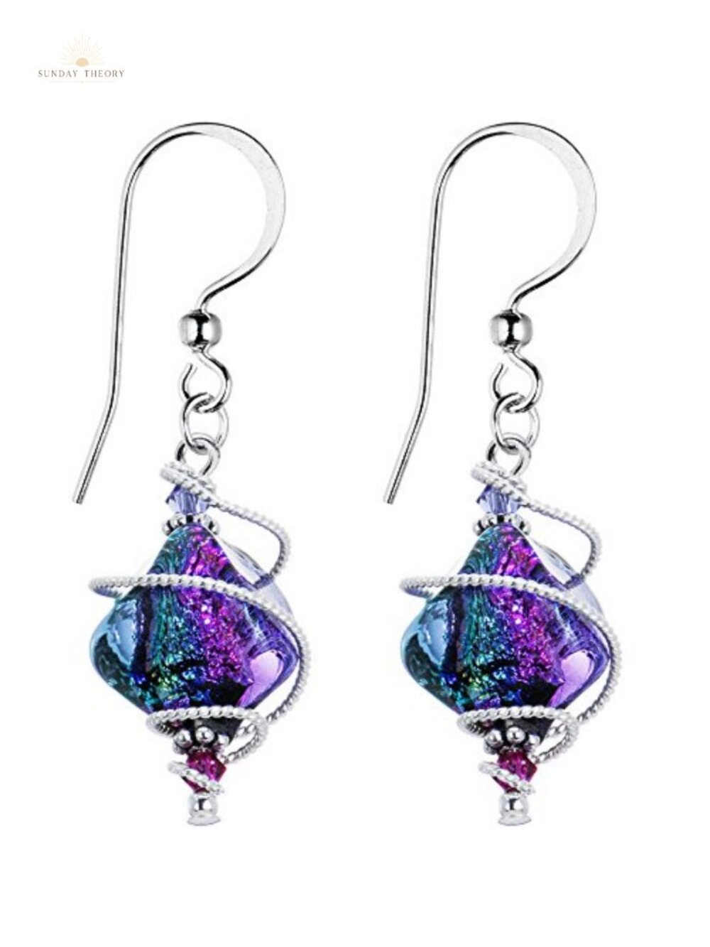 Handcrafted 925 Sterling Silver Drop Dangle Earrings with Purple Dichroic